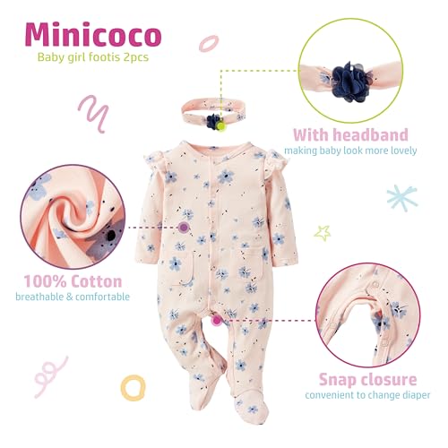 Baby Girls 2-Piece Romper and Headband Set- 100% Cotton Snap Closure Outfit for 0-12 Months2