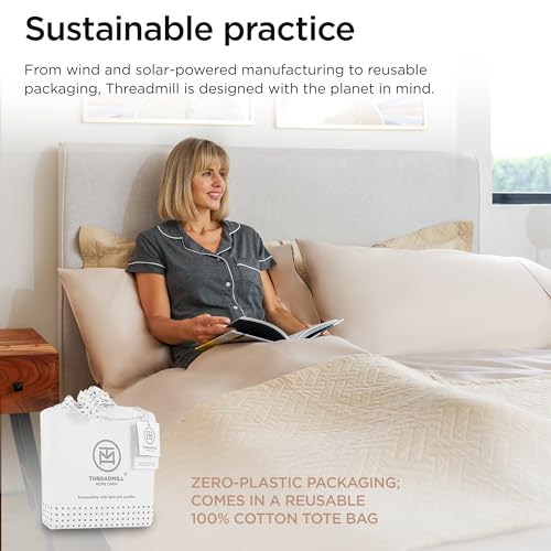 Image of Threadmill 100% Cotton Sheets for Cal King Size Bed - 600 Thread Count Cal King Bed Sheets Set with 16 inch Deep Pocket - Sateen Weave 4-Piece Bedding Set with Cooling Effect, Beige