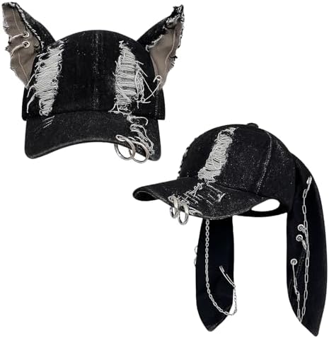 Distressed Denim Y2K Grunge Hat with Bunny Ears and Cat Ears Adjustable CORIRESHA Cute Bunny Hat with Ears Y2k Grunge Metal Iron  main image 3