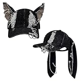 Shyyween 2 Pcs Y2K Grunge Hat with Ears Bunny Ear Hat Cat Distressed Denim Baseball Cap Iron Ring Punk Outfit for Women Accessories (Bunny,Cat)