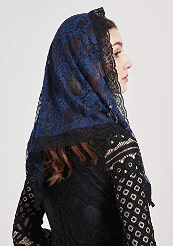FANFAN Triangle Veil Triangle Chapel Veil Lace Bridal Veil Funeral Veils for Women Lace Head Covering Y021 (Navy)