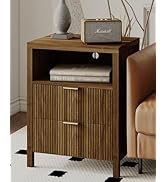 Veegle Nightstand with Charging Station,2 Drawer Night Stand with Fluted Panel,Walnut Brown