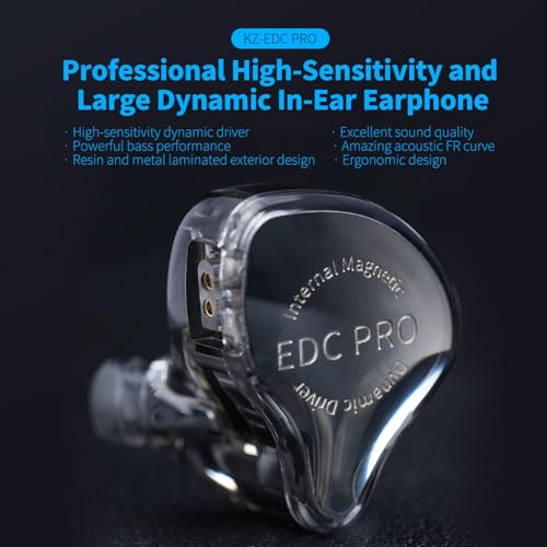 Image of KZ EDC Pro in-Ear Earphones, Silver Cable, Black | HiFi Musician Monitor IEM, Dynamic Driver Earbuds, Detachable 2-Pin, Noise-Isolating Headphones, Studio Headset