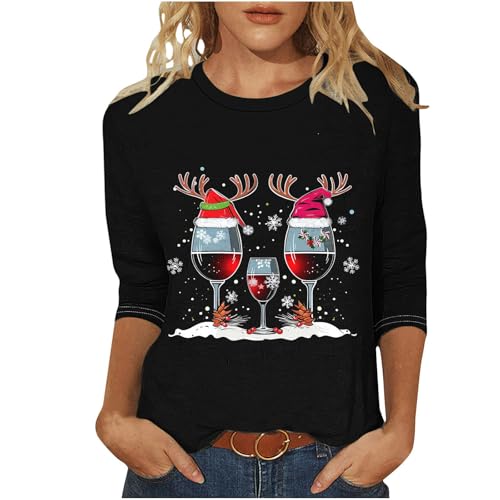 Christmas T Shirt for Women UK,Santa Claus Funny Graphic Xmas Tops Christmas Tree Snowflake Printed Sweatshirt Crew Neck 3/4 Sleeve Pullover Xmas Holiday Blouse Tops for Women Plus Size 8-22
