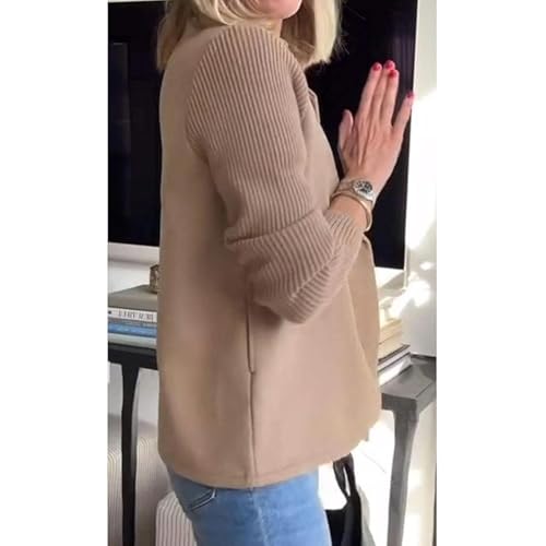 Veste Femme Patchwork Tricotée - Col Revers, Manches Contrastées, Coupe Courte Double Boutonnage - Style Décontracté, Bomber Léger - Taille 46 Et Autres Disponibles