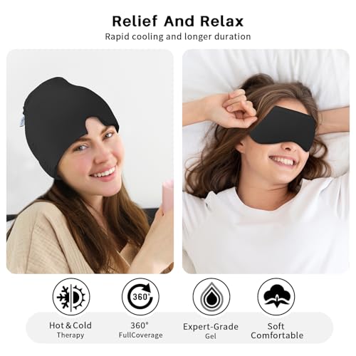 Image of my novel things Migraine Relief Cap, Headache Relief Cap 2PCS with Gel Cooling Eye Mask, Hot Cold Therapy Ice Cap, Cold Compress for Head Sinus, Puffy Eyes, Tension and Stress Relief