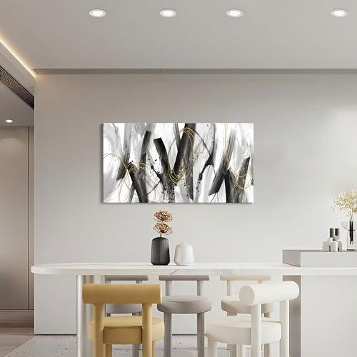 Image of AJAZIKO Black and Gold Modern Wall Art - Large Abstract Wall Art Decor for Living Room, Bedroom, Office - Elegant Black and White Painting for Stylish Home Decor