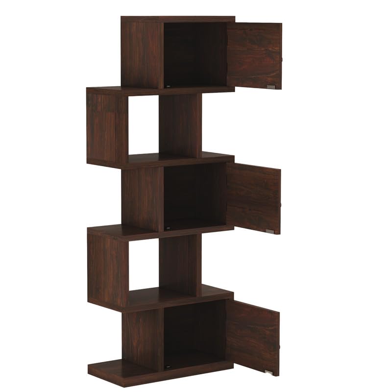 Image of Solid Sheesham Wood 5-Layer Ladder Bookshelf with Zig-Zag Design with 2 Open Shelves & 3 Rattan Wicker Door Storage | Display Cabinet Floor Standing Bookcase for Office Library (Walnut Finish)
