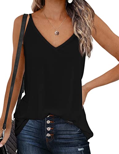 Zeagoo Womens V Neck Cami Tank Top Strap Sleeveless T Shirt Casual Loose Cotton Vest Blouse ,Black,Large #TOP20