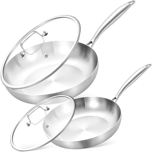 Image of Inqibee 8.5-12 Inch Tri-Ply Stainless Steel Frying Pans Set with Lids Skillets, Induction Cooking Pans, Pots and Pans Set, Dishwasher and Oven Safe, Detachable Handle