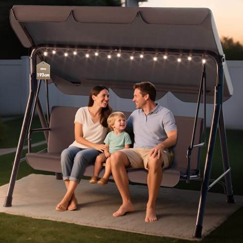 Soontrans 3-Sitzer Hollywoodschaukel, Familienzeit mit Leichtigkeit, Gartenschaukel mit Sonnendach & Gestell & Gepolsterte Sitzauflage, Belastbar bis 200 kg, aus Stahl (193 x 110 x 152 cm, Grau)