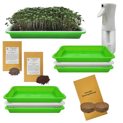 ALPAS LIFE Complete Home Microgreens Kit - Organic Indoor Garden System - Includes 2 Sets of Reusable Trays, Premium Spray Mister, Coco Coir Growing Medium, 2 Packs Organic Seeds – Radish and Broccoli