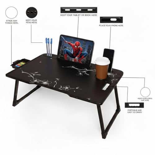 Image of WINDLY Wood Multipurpose Foldable Laptop Table with Cup Holder | Table Home Study Writing Table, Foldable and Portable /Ergonomic Edges Kids & Adults (Flower)