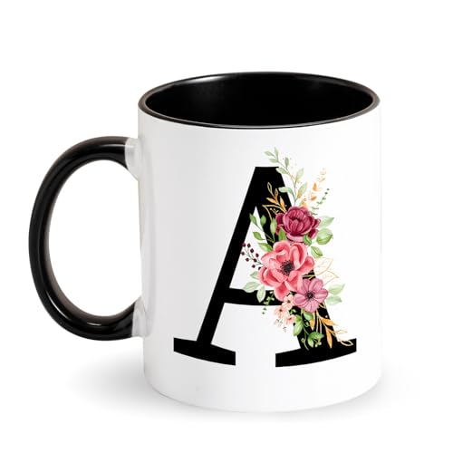 Tasse à café initiale personnalisée - Avec lettre fleurs - Tasse en céramique avec alphabet - Noir - Cadeau initial pour femmes, amis, mère pour...