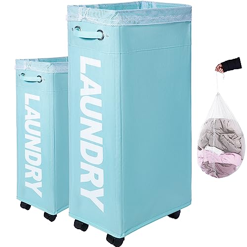 TWIRA 30”XXX-Large Rolling laundry basket with Removable Wash Bag on Wheels (4 Colors), Collapsible Slim Laundry Hamper,Foldable Corner Storage Bins (Light Blue)
