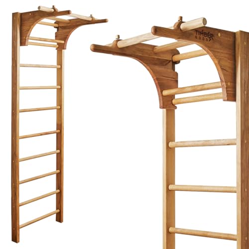 Schwedische Sprossenwand für Kinder und Erwachsene aus massivem Buchenholz, belastbar bis 400 kg, mit abnehmbarer Klimmzugstange und Dip-Barren