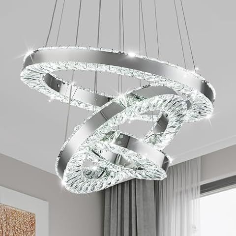 LEONTYNE Modern LED Crystal Chandeliers 3 Rings Crystal Chandeliers Adjustable Stainless Steel Ceiling Light Fixture for Dining Room Living Room Bedroom (11.8"+15.7"+19.6" Cool White) Cover
