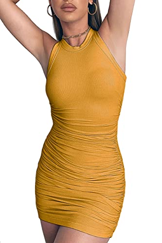 MiiVoo Women's Sexy Sleeveless Side Ruched Stretchy Bodycon Party Club Mini Tank Dresses, Yellow, Medium