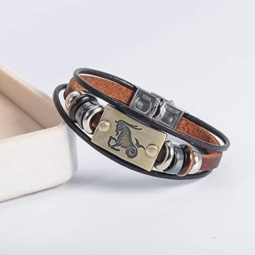 Image of Young & Forever Zodiac Sign Multi-Strand Genuine Leather Bracelet for Men & Boys - Adjustable Tribal Wristband with Antique Metal Charm