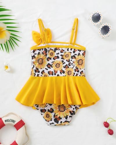 Image of Toddler Girl Swimsuit Baby Girl Bathing Suit Long Sleeve Floral Zipper One-Piece Rash Guard Swimsuit with Hat