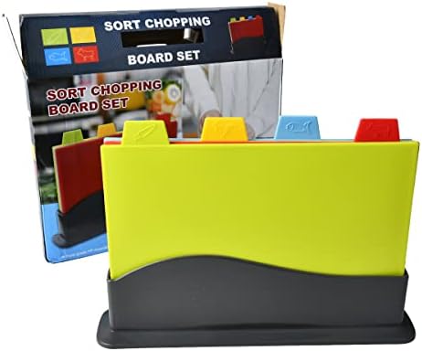 DODUOS 4PCS Plastic Chopping Board Set with Intelligent Color Coding and Storage Stand, Colour Coded Chopping Boards, Coloured Chopping Boards Set Prevents Food Cross Contamination
