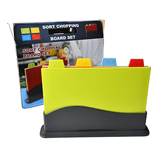 DODUOS 4PCS Plastic Chopping Board Set with Intelligent Color Coding and Storage Stand, Colour Coded Chopping Boards, Coloured Chopping Boards Set Prevents Food Cross Contamination