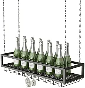 Meuble de bar mural flottant avec porte-bouteille de vin à suspendre au plafond en métal fer à vin verres à pied étagères noir (120 x 25 cm