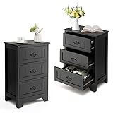 Giantex Nightstand with 3 Drawers, Set of 2 Bedside Table with Exquisite Metal Handles, Accent Table Sofa Side Table with Anti-toppling Device for Bedroom, Study, Black