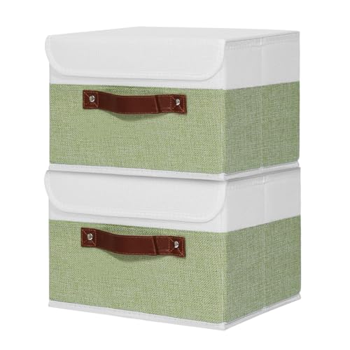 ANMINY Fabric Storage Box Bins with Lids, Green White, 13"x9"x7.9", 2 Pack