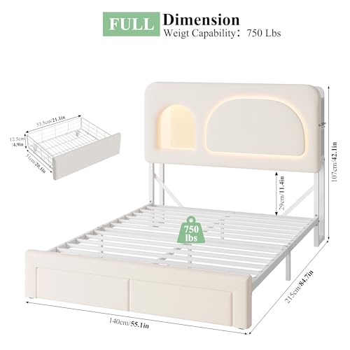 Image of Keyluv Full Size LED Bed Frame with Storage Bookcase Headboard, Charging Station, Velvet Upholstered Platform Bed with 2 Drawers & USB Ports, Sturdy Metal Support, No Box Spring Required, Beige