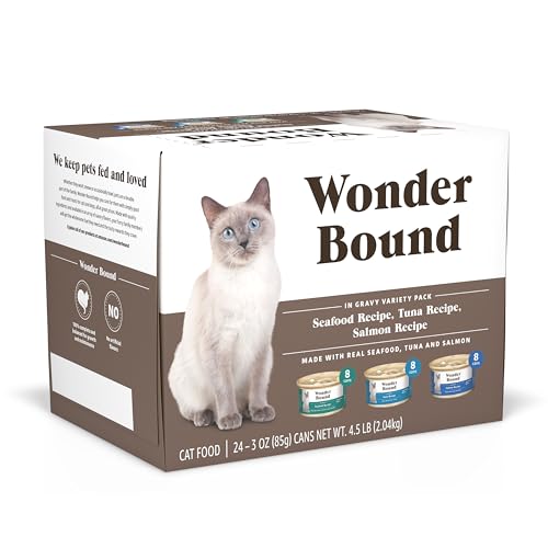 Amazon Brand - Wonder Bound Canned Wet Cat Food Variety Pack (Seafood Tuna and Salmon Recipes in Gravy) Adult Recipe 3 Ounce (Pack of 24)