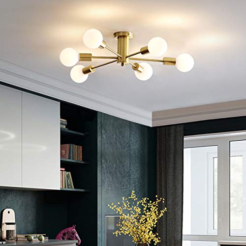 Lowest Price BOKT Semi Flush Mount Ceiling Light Gold Modern Sputnik Chandelier Metal Brushed Brass Ceiling Light Fixture Industrial Chandeliers for Bedroom Living Dining Room Kitchen Island, E26 Base (6 Lights)