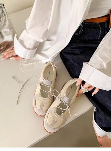 Sneakerina Cute Ballet Sneakers for Women Lace Up Mary Janes Flat Breathable Leather No Slip Chunky Sole Round Toes Lightweight Dress Shoes Slip on Y2K Preppy Back to School Gifts for Girls Teens3