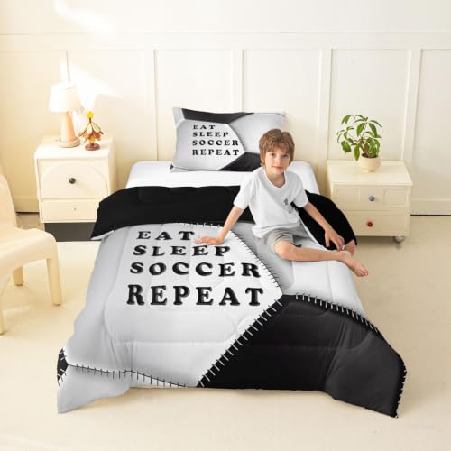 Image of Feelyou Soccer Comforter Set Twin Size Football Bedding Set for Kids Boys Girls Eat Sleep Sports Theme Duvet Quilt Bedroom Decor Microfiber 2 Pcs with 1 Pillow Case