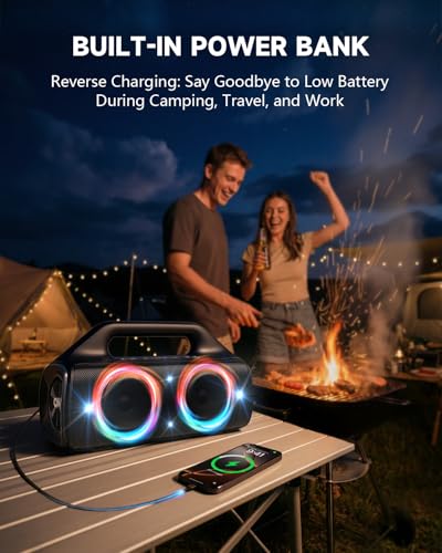 Image of IP67 Waterproof Bluetooth Speaker:80W(Peak) Loud Outdoor Portable Wireless Party Speakers with LED Lights,20H Playtime,Bluetooth 5.3,Deep Bass & TWS for Pool,Beach (Black)