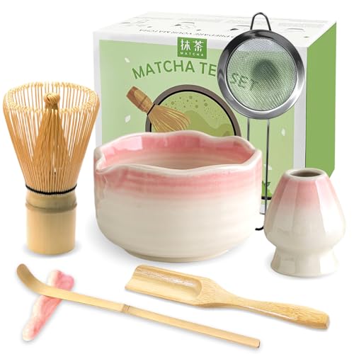 JBER Matcha Whisk Set, Ceramic Matcha Set Includes Bowl & Holder, Bamboo Whisk (Chasen), Sifter,...