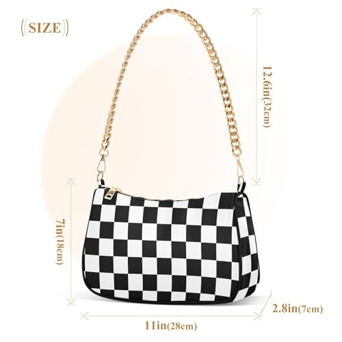 Clutch Tote Handbags with Removable Chains and Zipper Closure White and Black Checked Shoulder Purse Hobo Handbag for Women3