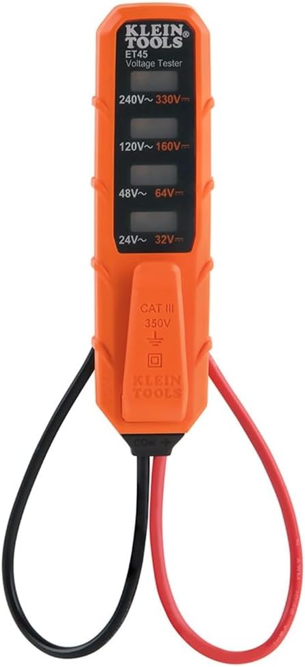 Probador digital de voltaje CA/CC ET45, 12-240 V CA, 32-330 V CC, iluminación LED, polaridad CC, apagado automático, CATIII 350 V clase 2-doble aislamiento, IP44 resistente al polvo y al agua, no necesita baterías