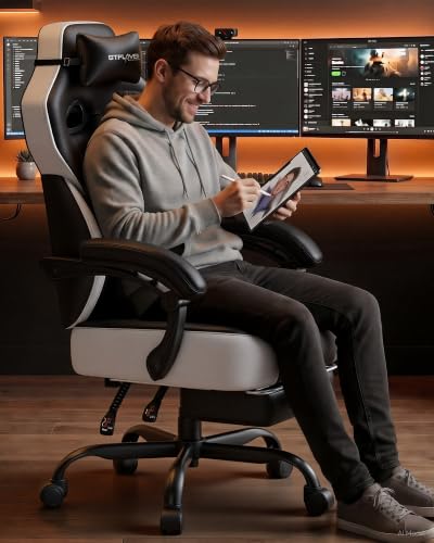 Image of GTPLAYER Big & Tall Gaming Chair, Wide Reclining with Footrest for Adults | Ergonomic High Back Computer Desk Chair, Comfort Padded Seat with Lumbar Support for Big /Tall, Office /Home, Black & White