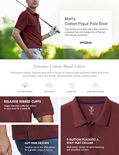 Tsla Men's Cotton Pique Polo Shirts, Classic Fit Short Sleeve Solid Casual Shirts, Performance Stretch Golf Shirt, Cotton Blend Polo Burgundy, Large #TOP5
