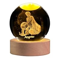 QIANCHANG 3D Laser Etched Aquarius Crystal Ball with LED Light Stand, Constellation Decor Glass Sphere Lamp, Zodiac Astrology Birthday Gifts for Women Kids