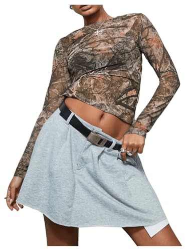 Women's Y2k Camo Print Crew Neck Crop Top Mesh Sheer Long Sleeve Fitted Tee Shirts