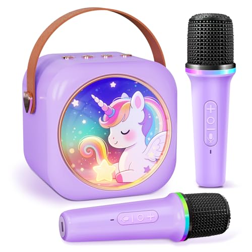 Mini Karaoke Machine with 2 Wireless Microphones,Gift for 3-12 Years Old, 2026 Best Christmas Birthday Toy for Girls Boys Party (Purple)