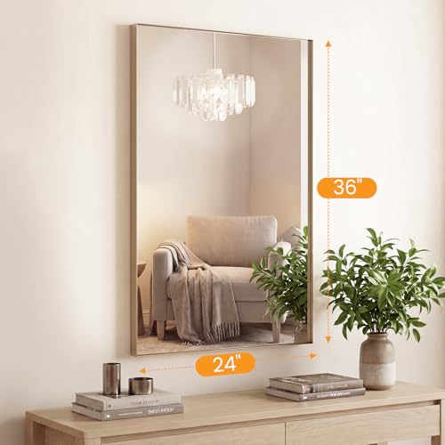 Image of Sweetcrispy Bathroom Mirrors for Over Sink, 24 inch x 36 inch Rectangle Wall Mount Mirror with Metal Frame, Modern Vanity Mirror with Tempered Glass, for Home Decor, Anti-Rust, Gold