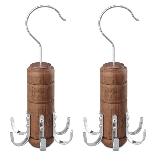 LMSAWK 2 cabides de madeira para cinto, 6 ganchos para lenços, organizador de acessórios de armário, rotação de 360 graus (castanho)