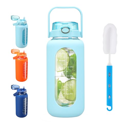52 oz Glass Water Bottle with 2-in-1 Straw Lid Large Half Gallon Water Bottle with Time Marker & Removable Silicone Sleeve,Wide Mouth BPA-Free Borosilicate Bottle for Gym, Workout & Daily Use