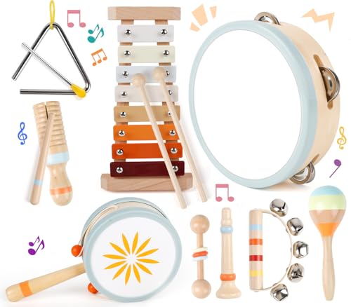 Toddler Musical Instruments-Montessori Wooden Educational Toys for Toddlers 1-3,Baby Musical Instruments,Neutral Color Musical Instruments Set with Xylophone,Maracas,Bell,Birthday Gift for Ages 1 2 3