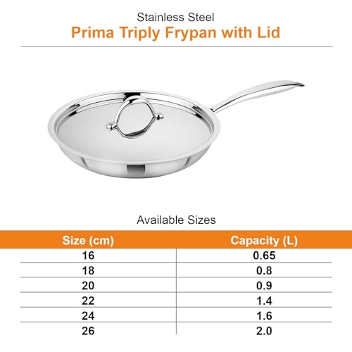 Image of Prabha Stainless Steel Fry Pan with Lid, Kitchen Fry Pan, Tri-Ply Layer Coating, 24cm, 1.6L Capacity, Induction and Gas Stove Suitable