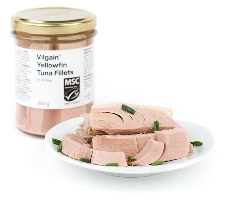 Vilgain Gelbflossenthunfisch-Filets (200 g) im eigenen Saft – 140 g Abtropfgewicht Saftige Thunfischfilets Ohne Ölzusatz, MSC Nachhaltiger Wildfang High Protein Fitness Snack Mit Omega 3