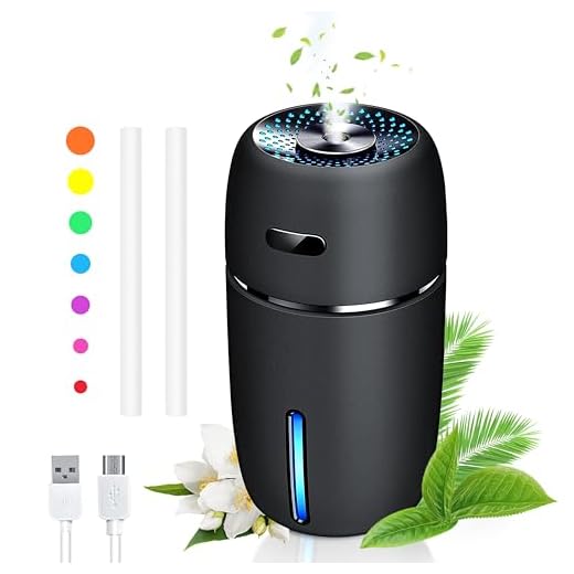 Mini USB Car Humidifier, 200ml Ultrasonic Cool Mist Humidifier with 7 Colors Light Changing, Adjustable Mist Mode,Auto Shut-Off , Super Quiet Operation for Bedroom Home Office, Car, Travel (Black)